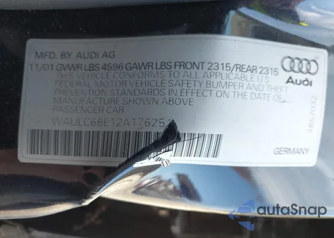 2002 Audi A4 1.8T z USA, uszkodzony, nr VIN WAULC68E12A176251